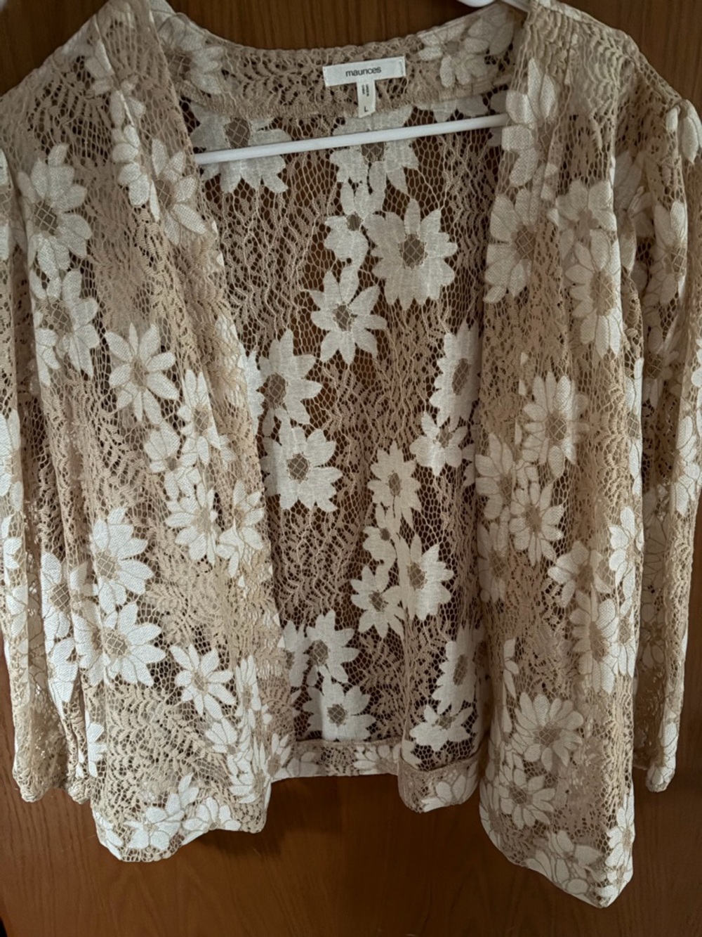 Maurices Cream Floral Lace Open-Front Cardigan with Tan Crochet Overlay